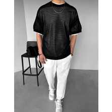 Abluka Online Erkek Oversize Delikli Desenli Triko T-Shirt Siyah