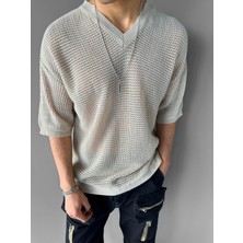 Abluka Online Erkek Oversize V Yaka File T-Shirt Gri