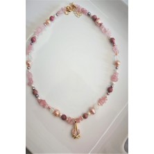 Bade Accessories Renkli Inci, Pembe Kuvars , Rodonit Doğal Taş Kolye