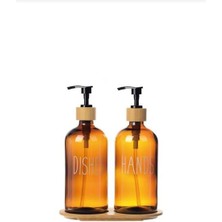 altabi Cam Sıvı Sabunluk Deterjanlık Amber Renk 2li Bambu Tepsili