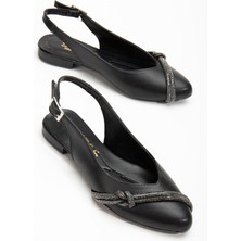 Dilimler Ayakkabı Iki Sıra Taşlı Arka Açık Cilt Siyah Kadın Babet