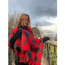 Gülgel Siyah-Kırmızı Polar Şal Atkı Omuz Şalı Cafe,restaurant,otel Şalı