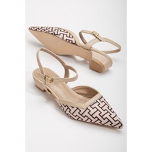 Dilimler Ayakkabı Baskılı Cilt Arka Açık Bej Kadın Kısa Topuklu Ayakkbı