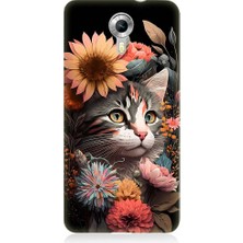Teknomeg General Mobile Discovery 4g Uyumlu Çiçekler ve Kül Gri Kedi Desenli Silikon Kılıf
