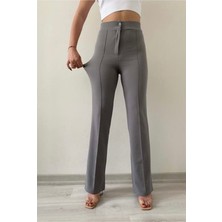 Hira Fashion Kadın Gri Nervür Dikişli Toparlayıcı Yüksek Bel Pantolon