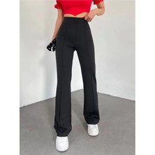Hira Fashion Kadın Siyah Nervür Dikişli Toparlayıcı Yüksek Bel Ispanyol Paça Pantolon