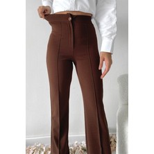 Hira Fashion Kadın Kahverengi Nervür Dikişli Toparlayıcı Yüksek Bel Ispanyol Paça Pantolon