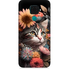Teknomeg Huawei Mate 30 Lite Uyumlu Çiçekler ve Kül Gri Kedi Desenli Silikon Kılıf
