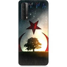 Teknomeg Huawei P Smart 2021 Uyumlu Göktürkçe Türk ve Ağaç Bayrak Desenli Silikon Kılıf