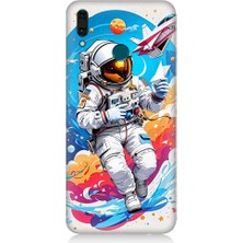 Teknomeg Huawei Y9 2019 Uyumlu Astranot ve Uzay Aracı Desenli Silikon Kılıf