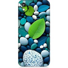 Teknomeg Huawei Honor 8s Uyumlu Mavi Turkuaz Taşlar ve Yeşil Yaprak Desenli Silikon Kılıf