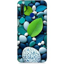 Teknomeg Huawei Honor 20 Lite Uyumlu Mavi Turkuaz Taşlar ve Yeşil Yaprak Desenli Silikon Kılıf