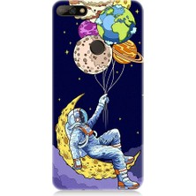 Teknomeg Huawei Y7 2018 Uyumlu Astranot ve Gezegen Balonlar Desenli Silikon Kılıf