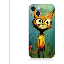 Teknomeg Apple iPhone 15 Uyumlu Meraklı Şapşik Kedi Desenli Silikon Kılıf