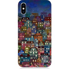 Teknomeg Apple iPhone Xs Uyumlu Minyatür Evler ve Gece Desenli Silikon Kılıf