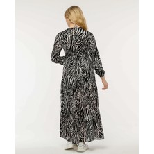 Nurören Siyah Beyaz Zebra Desenli Tesettür Elbise