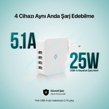 Ttec 5.1A 25W 4x USB Girişli Taşınabilir Şarj Adaptörü, Akım Korumalı ve Isı Önleyici Şarj Başlığı