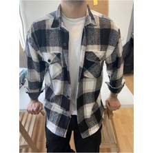 Tarz Cool Kırık Beyaz Erkek Slim Fit Düğmeli Yaka Çift Cepli Düz Oduncu Gömlek