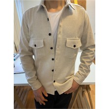 Tarz Cool Kırık Beyaz Erkek Slim Fit Düğmeli Yaka Çift Cepli Düz Oduncu Gömlek