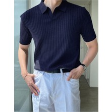 Tarz Cool Erkek Fitilli Polo Yaka Lacivert Triko T-Shirt Kısa Kol Rahat Kesim