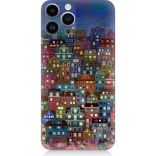 Teknomeg Apple iPhone 13 Pro Uyumlu Minyatür Evler ve Gece Desenli Silikon Kılıf