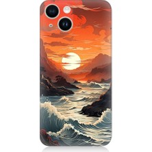Teknomeg Apple iPhone 13 Mini Uyumlu Deniz Dağ ve Gün Batımı Desenli Silikon Kılıf