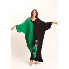 Keyifli Moda Kadın Yeşil Siyah Garnili V Yaka Eteği Nakışlı Cepli Oversize Uzun Elbise