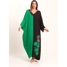 Keyifli Moda Kadın Yeşil Siyah Garnili V Yaka Eteği Nakışlı Cepli Oversize Uzun Elbise