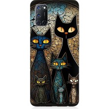 Teknomeg Oppo A72 Uyumlu Vitray Kedi Ailesi Desenli Silikon Kılıf