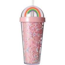 Miniso Gökkuşağı Figürlü Boncuklu Pipetli Plastik Su Şişesi 420 ml