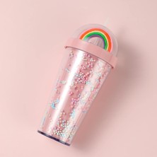 Miniso Gökkuşağı Figürlü Boncuklu Pipetli Plastik Su Şişesi 420 ml