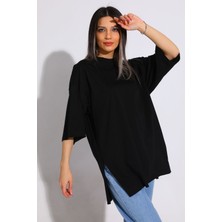 Julude Siyah Kadın Bisiklet Yaka Yan Yırtmaç Detaylı Salaş T-Shirt P-00003411