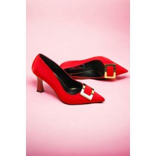 Birikon Gold Tokalı Saten Stiletto Kırmızı