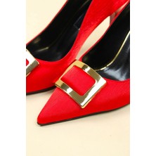 Birikon Gold Tokalı Saten Stiletto Kırmızı