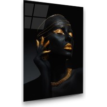 Glass Art Altın Temalı Siyahi Kadın 4 Dikey Cam Tablo