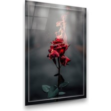 Glass Art Alev ve Kırmızı Gül Dikey Cam Tablo