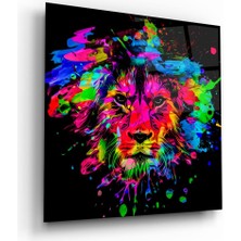 Glass Art Renkli Aslan Illüstratör Kare Cam Tablo