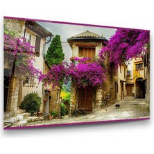 Glass Art Mor Çiçekli Evler Yatay Cam Tablo