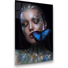 Glass Art Kadın ve Mavi Kelebek Dikey Cam Tablo