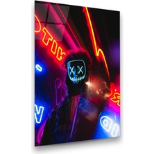 Glass Art Neon Maskeli Adam Dikey Cam Tablo