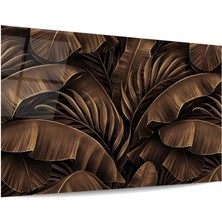 Glass Art Kahverengi Temalı 3 Boyutlu Yapraklar Yatay Cam Tablo