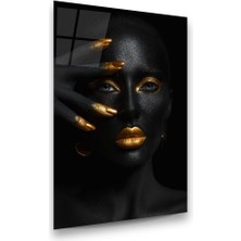 Glass Art Altın Temalı Siyahi Kadın 2 Dikey Cam Tablo