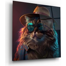 Glass Art Kedi Adam Kare Cam Tablo