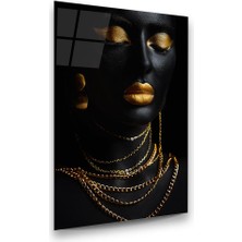 Glass Art Altın Temalı Siyahi Kadın Dikey Cam Tablo