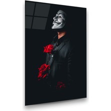 Glass Art Maskeli Adam ve Kırmızı Gül Dikey Cam Tablo