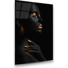 Glass Art Altın Temalı Siyahi Kadın 3 Dikey Cam Tablo