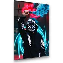 Glass Art Neon Maskeli Adam 2 Dikey Cam Tablo