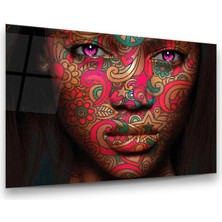 Glass Art Renkli Dövmeli Etnik Kadın Yatay Cam Tablo