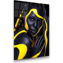 Glass Art Sarı Çizgili Kadın Dikey Cam Tablo