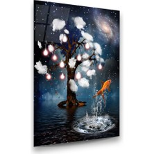 Glass Art Ağaç ve Balık Manipülasyon Dikey Cam Tablo